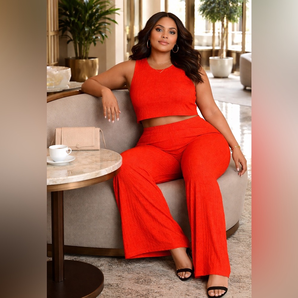 Love Poem Bright tomato red color Sleeveless Top and Pants Set